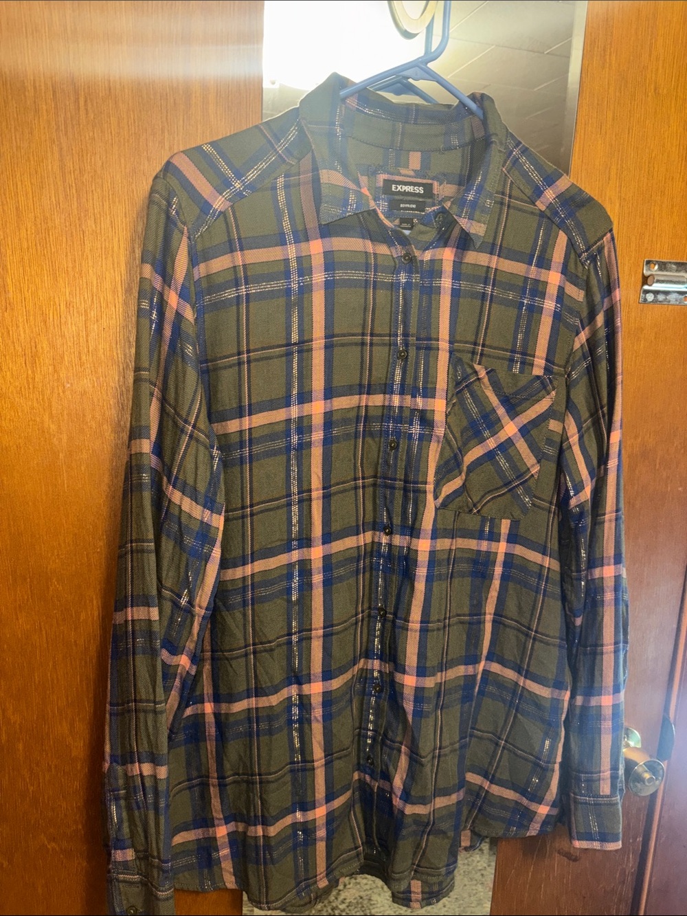 Express Olive Plaid Button-Down with Navy & Pink Stripes